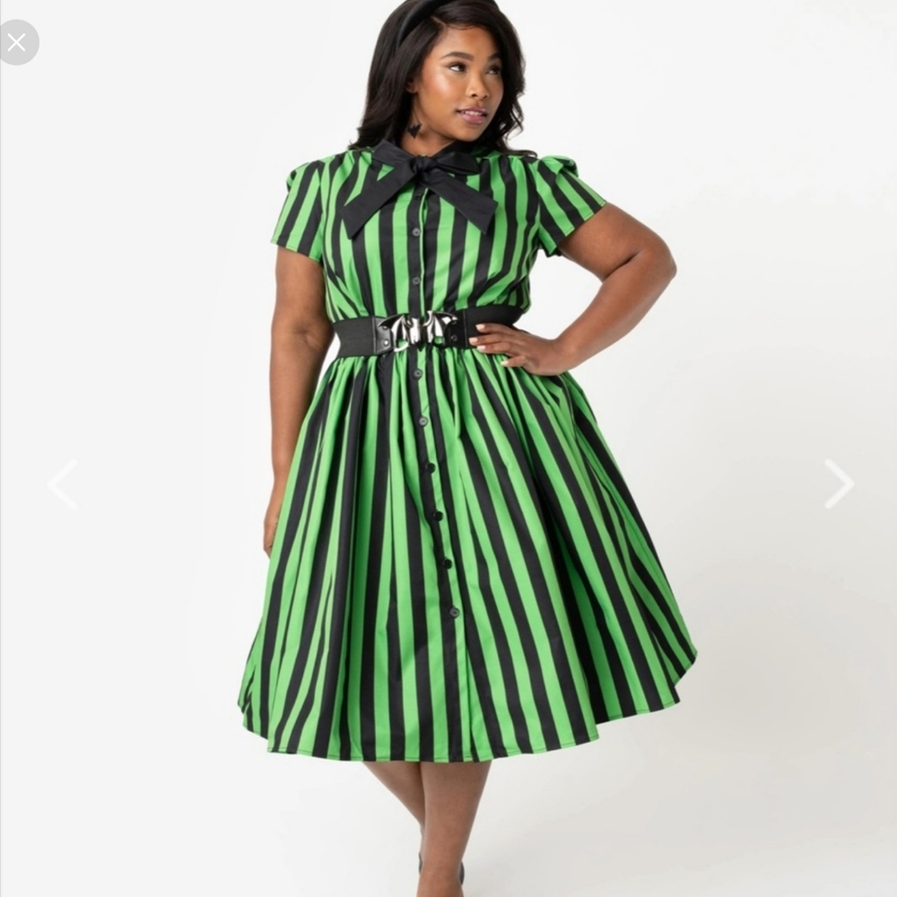Unique Vintage Black and Green striped Cora Swing Dress